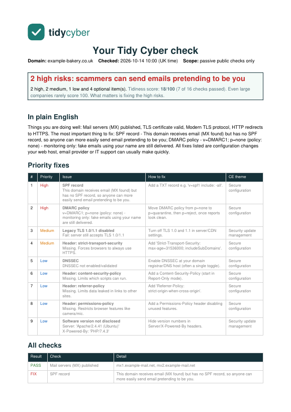 First page of a sample Tidy Cyber full report for a fictional bakery